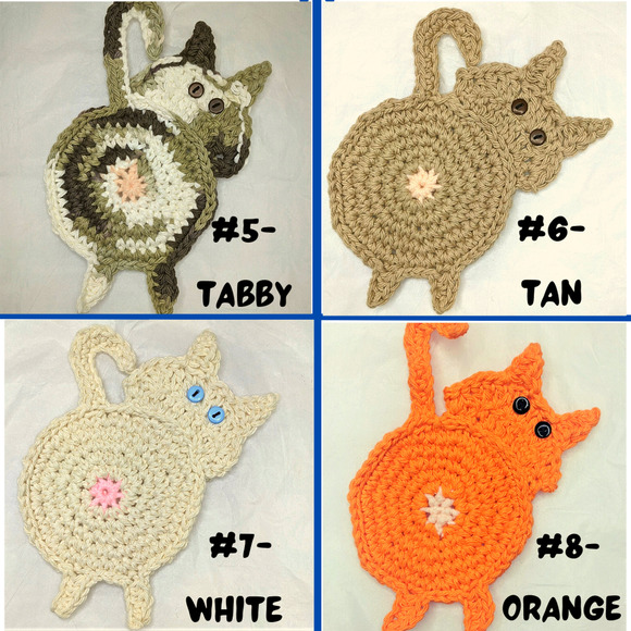 Cat Butt Coasters Crochet Set of Two Peeking Kitty Handmade Table Mug Rugs - Picture 4 of 16